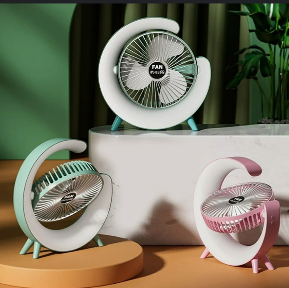 Multicolor Lights Swivel Desk Fan 3 Speeds 4 Lights USB Rechargable White New 5"